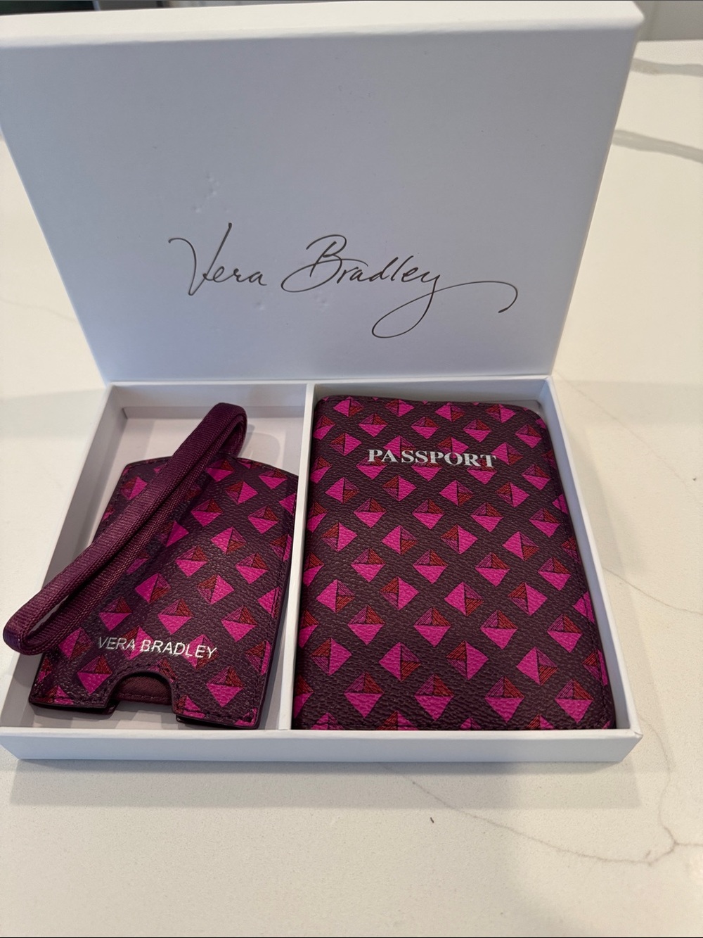 Vera Bradley Pink & Burgundy Passport Cover with Matching Luggage Tag